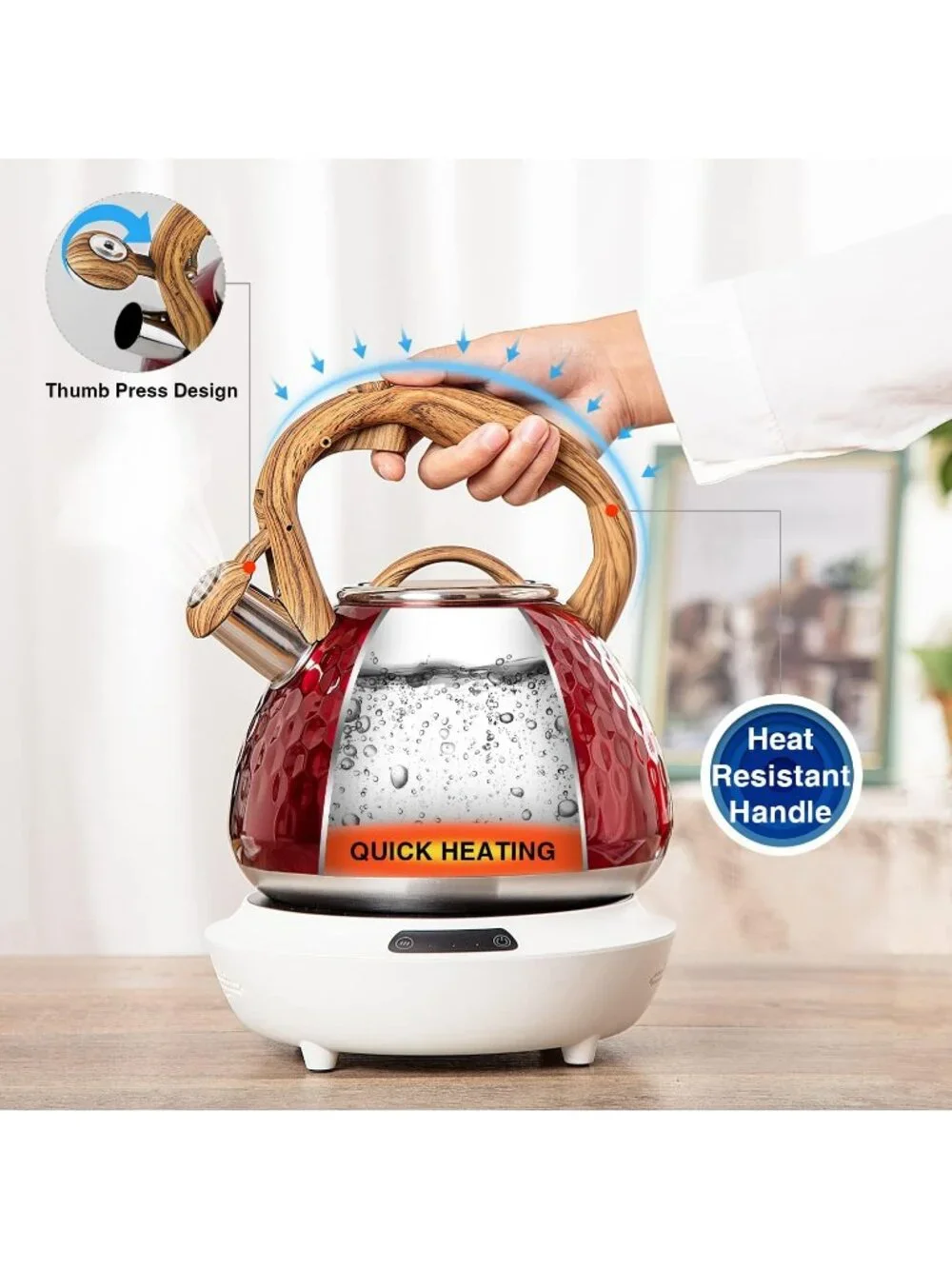 Red Kitchen Whistling Tea Kettle 2.7-QT Stainless Steel Diamond Design Stovetop